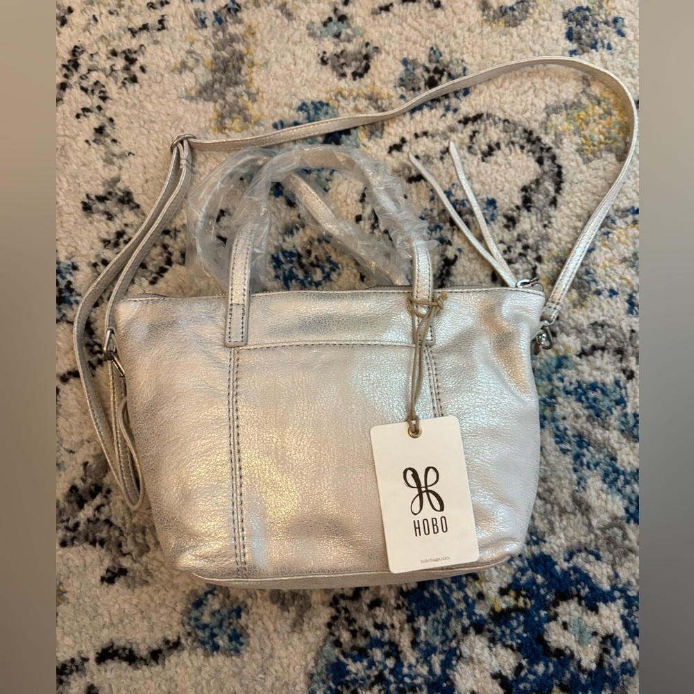 HOBO Kingston Mini Tote in Metallic Silver Leather w/ removable crossbody strap - Picture 4 of 14